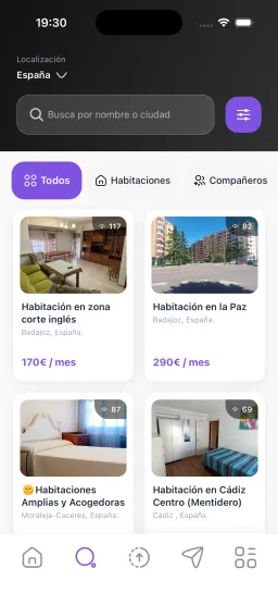 Interfaz de Kivio para explorar habitaciones disponibles y encontrar compañeros de piso compatibles