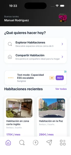 Pantalla principal de la aplicación Kivio con funciones de búsqueda de piso compartido para estudiantes